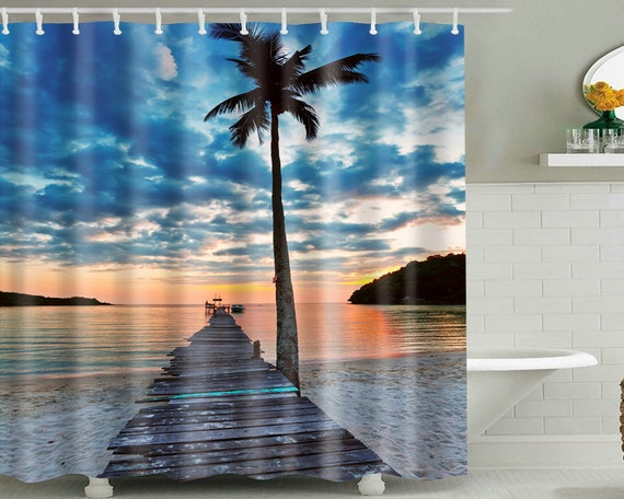 Ocean Beach Shower Curtain Long Bridge Beach Palm Theme Waterproof