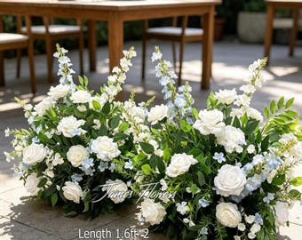 White Blue Floral Floor Arrangement, Wedding Aisle Flowers for Outdoor Patio Table Decor