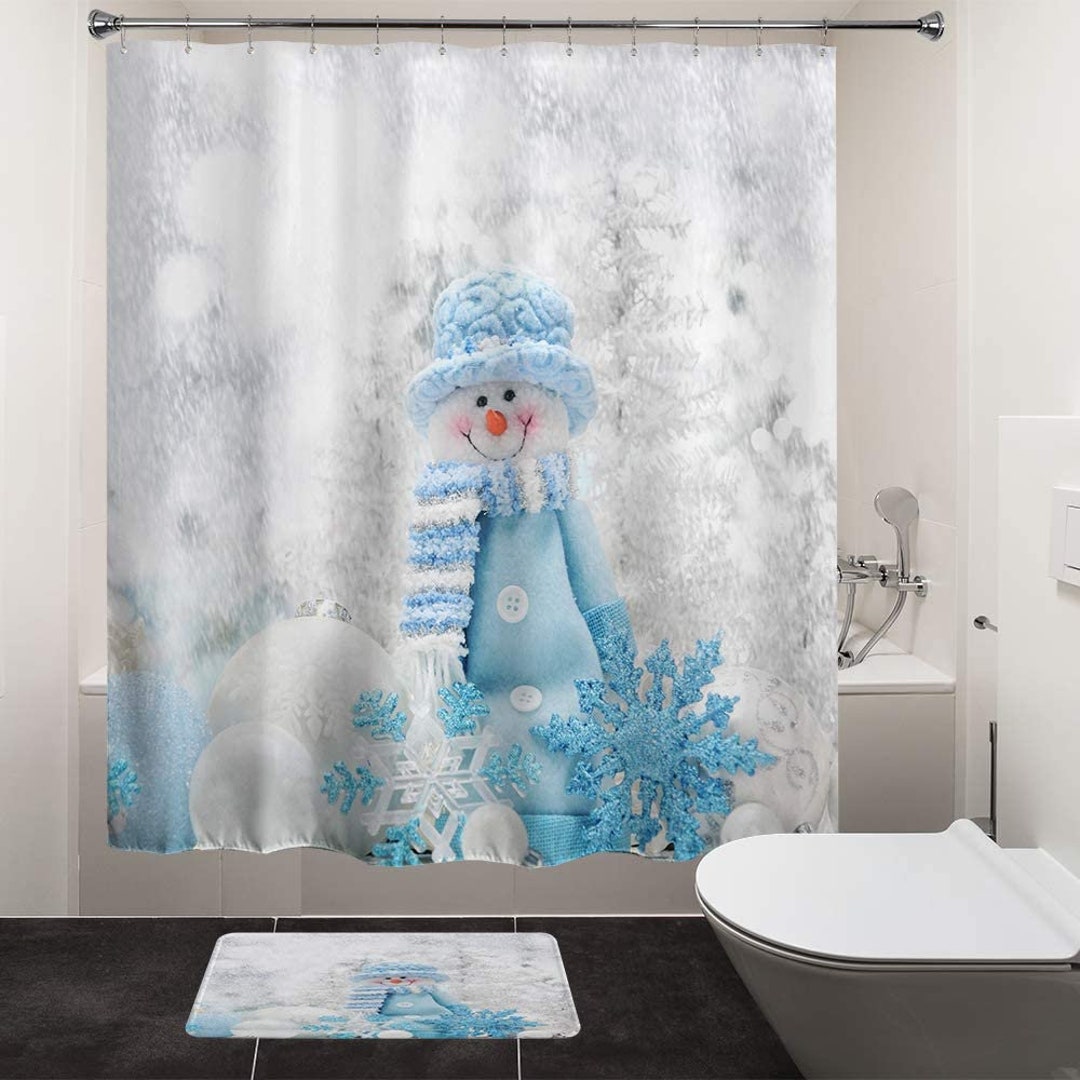 Christmas Happy Snowman Shower Curtain Sets, Xmas New Year Home Decors