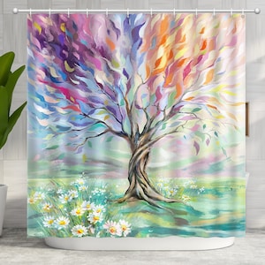 Oil Painting Tree Shower Curtain, Colored Seasons Tree Shower Curtain for Bathroom with Hooks, Decorative Bath Curtain Polyester Waterproof