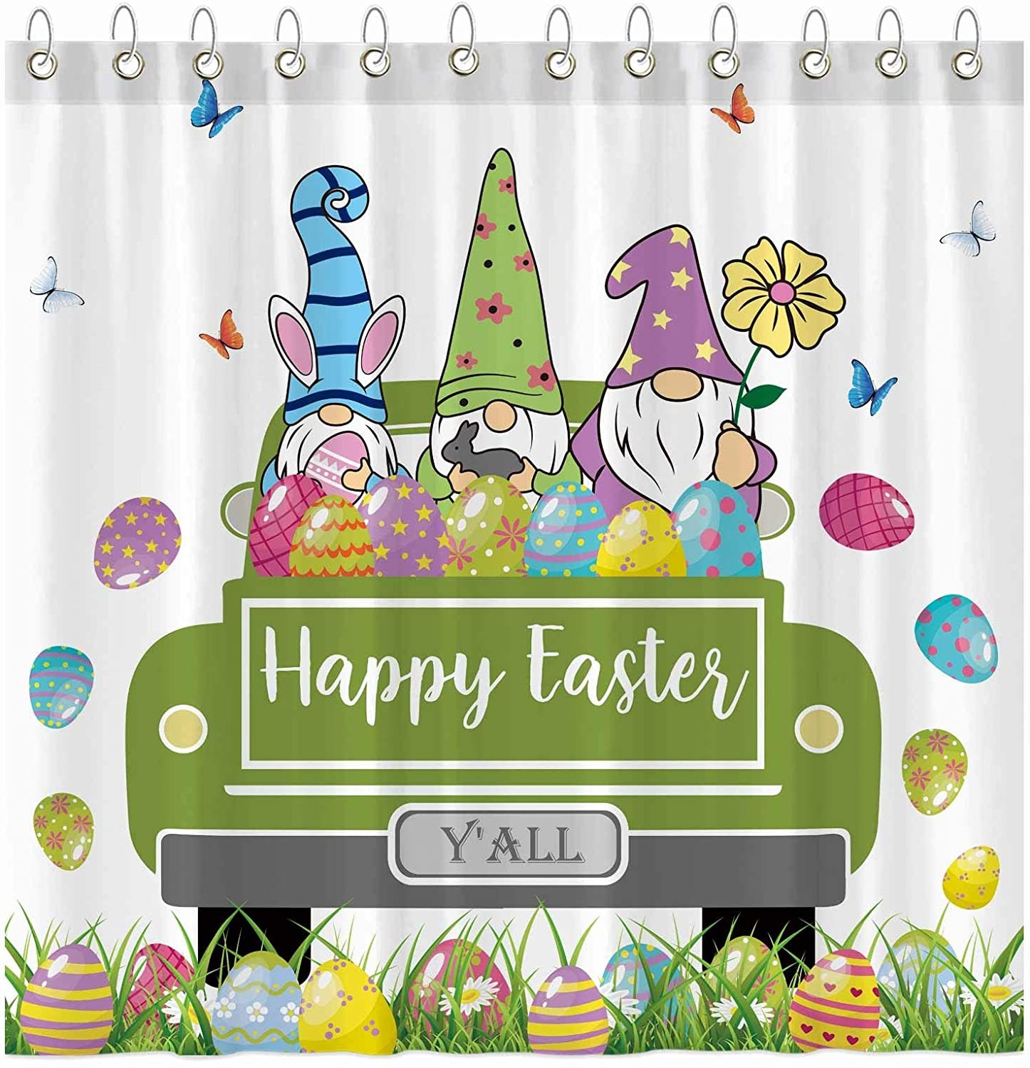 HAPPY EASTER Bathroom Set Bunny Ears Eggs on The Grass Shower Curtains Sets 