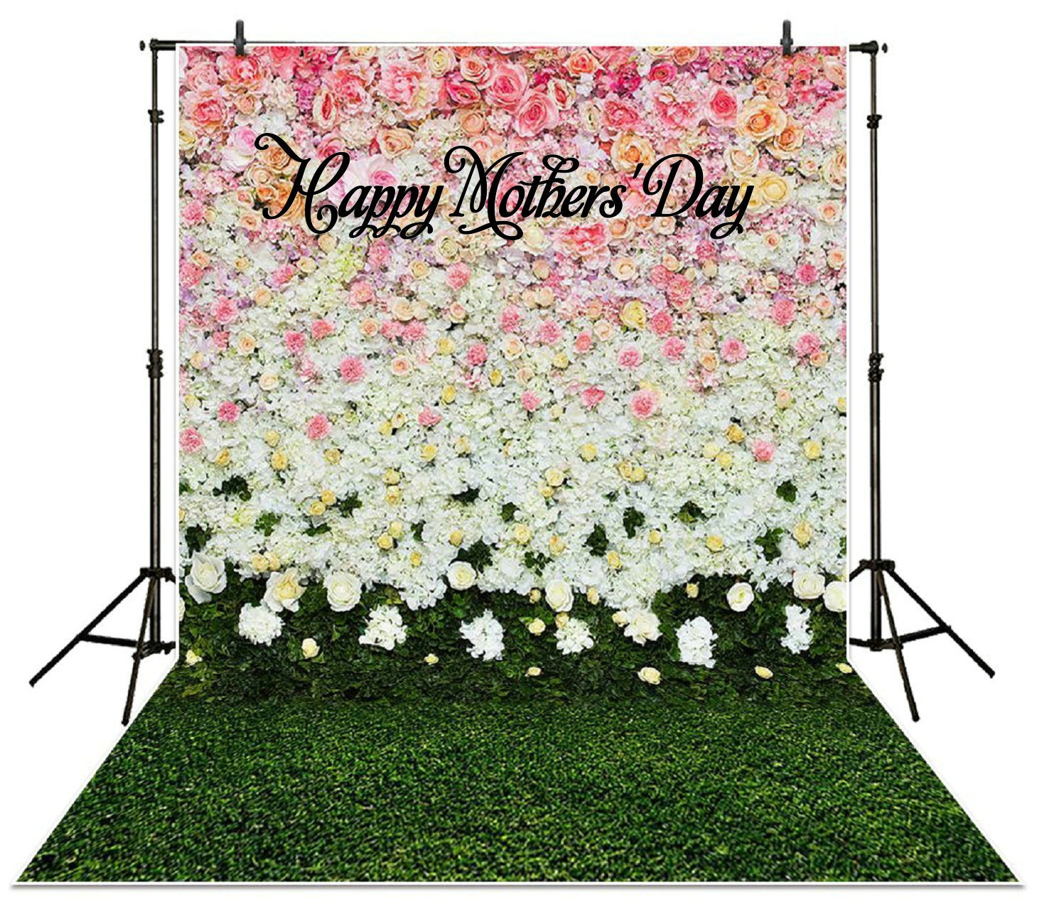 Flower Wall & Grass Backdrop Happy Mothers' Day Banner Love My Mom Mothers  Day Party Decoration Birthday Family Photography Background 