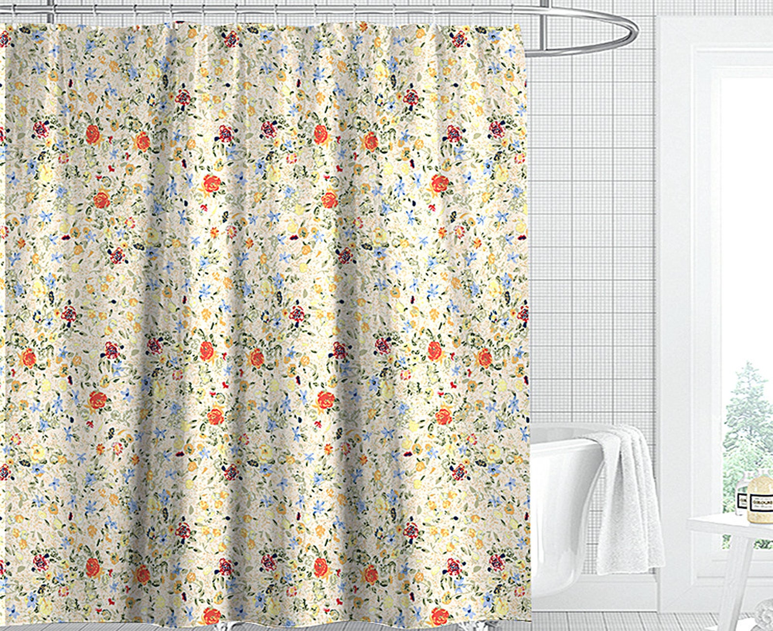 Beige Little Floral Shower Curtain Watercolor Allover Fruits Etsy