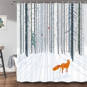 Winter Forest Shower Curtain for Bathroom Snow Covered Pine Trees Winter Animal Red Fox Idyllic Seasonal Scenery Fabric Shower Curtain