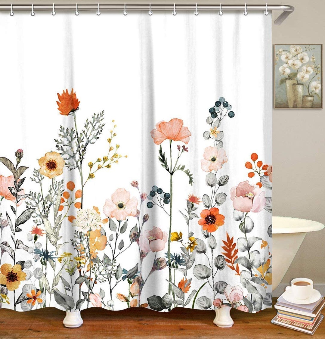 Floral Shower Curtain Set With Hooks Watercolor Decorative Bath Curtain ...