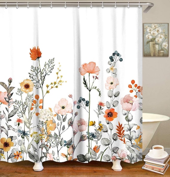 Floral Shower Curtain Set With Hooks Watercolor Decorative Bath Curtain  Modern Bathroom Accessories Multi-color Botanical Flowers and Leaves 