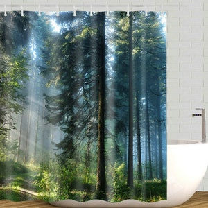 California Redwood Bathroom Shower Curtain Misty Forest Bathroom Curtain with Hooks, Trees Shower Curtains Waterproof Fabric Bath Curtain