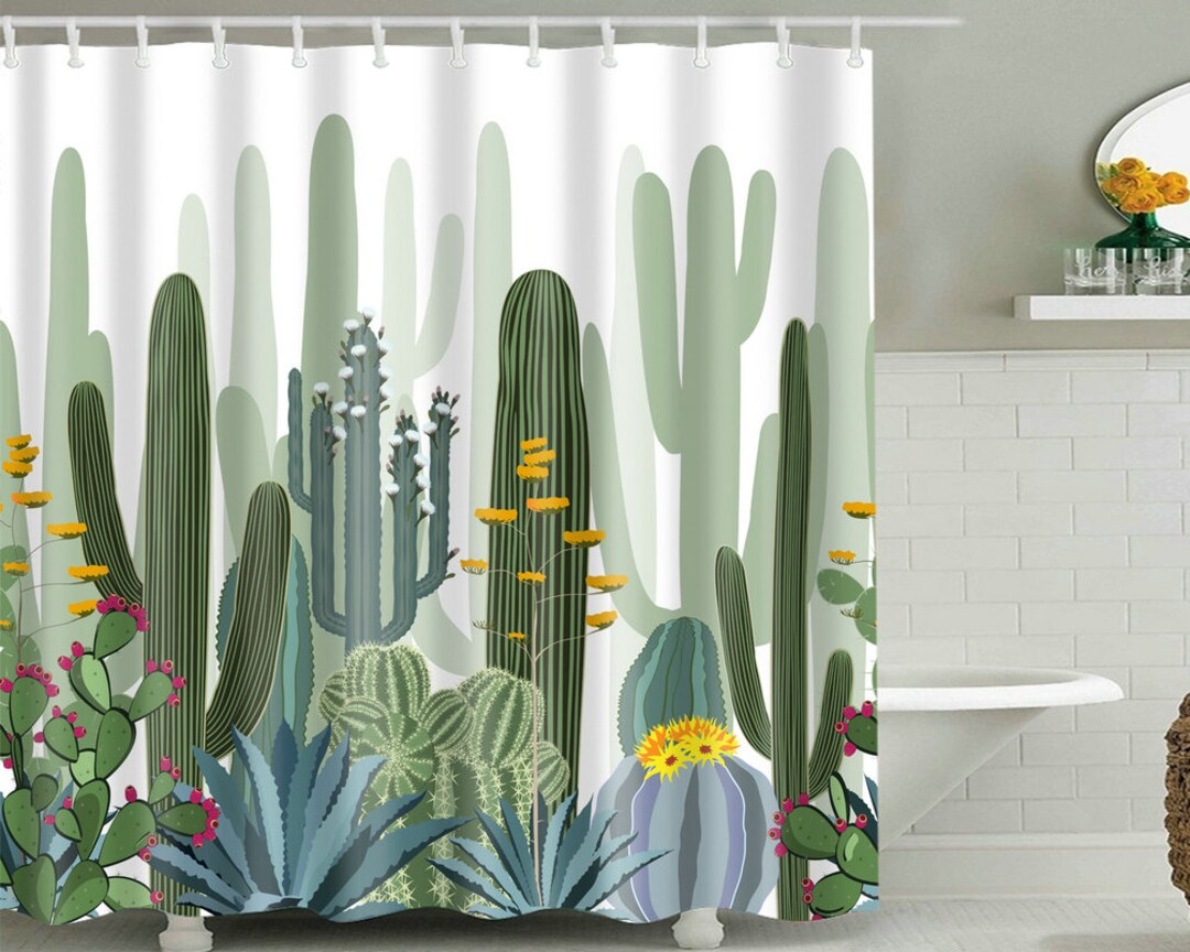 Cactus Floral Shower Curtain, Cacti Succulent Tropical Plant Green Boho