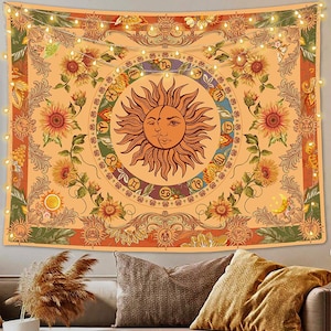 Yellow Sun and Moon Tapestry Vintage Boho Tapestry Wall Hanging with Sunflowers Butterfly Moth Constellation Tapestries funny tapestry