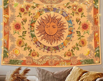 RajasthanCulture Hippie Mandala Multi Yellow Sun Moon Burning Sun Psychedelic Trippy Tapestry for Bedroom Celestial 