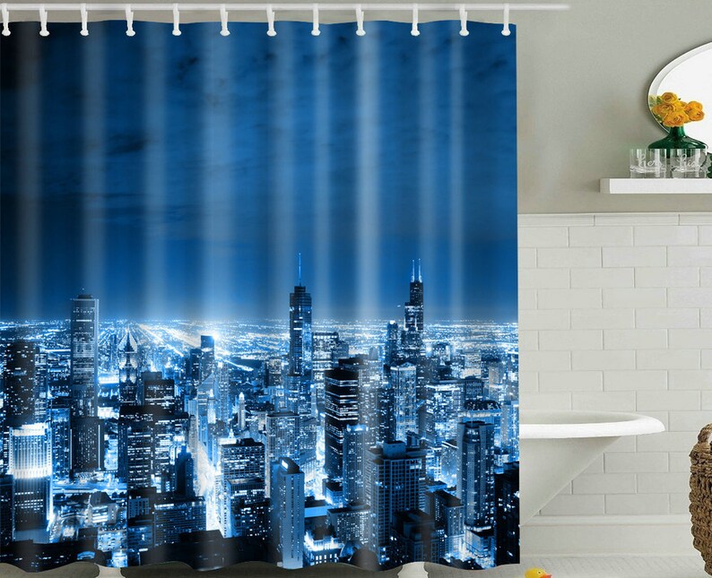 New York City Skyline Shower Curtain Cityscape Night NYC Etsy