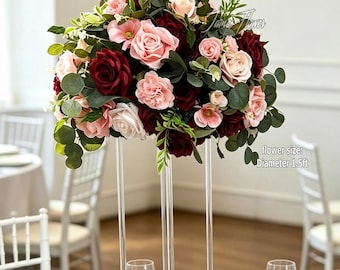 Burgundy Pink Artificial Flower Ball, Faux Rose Wedding Table Centerpiece