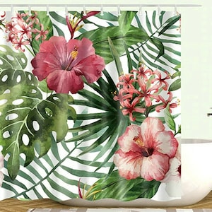 Hawaiian Tropical Leaf Flowers Shower Curtain,Hibiscus Plumeria Floral Plant Decorative Bathroom Curtain with Hooks, Custom Size