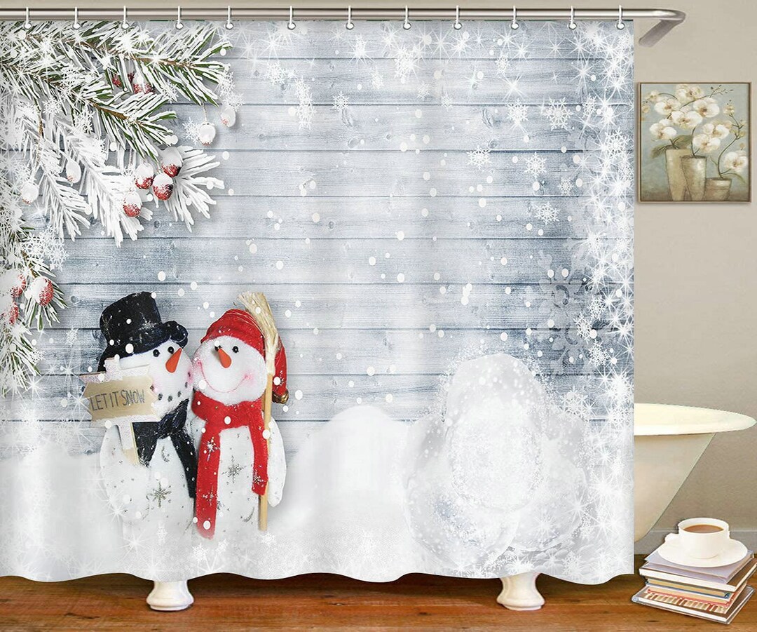 Christmas Winter Snow Pine Cone Holiday Balls Shower Curtain Bathroom Waterproof Home Decor