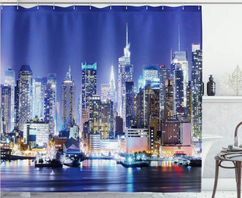 New York City Skyline Shower Curtain Cityscape Night NYC Etsy