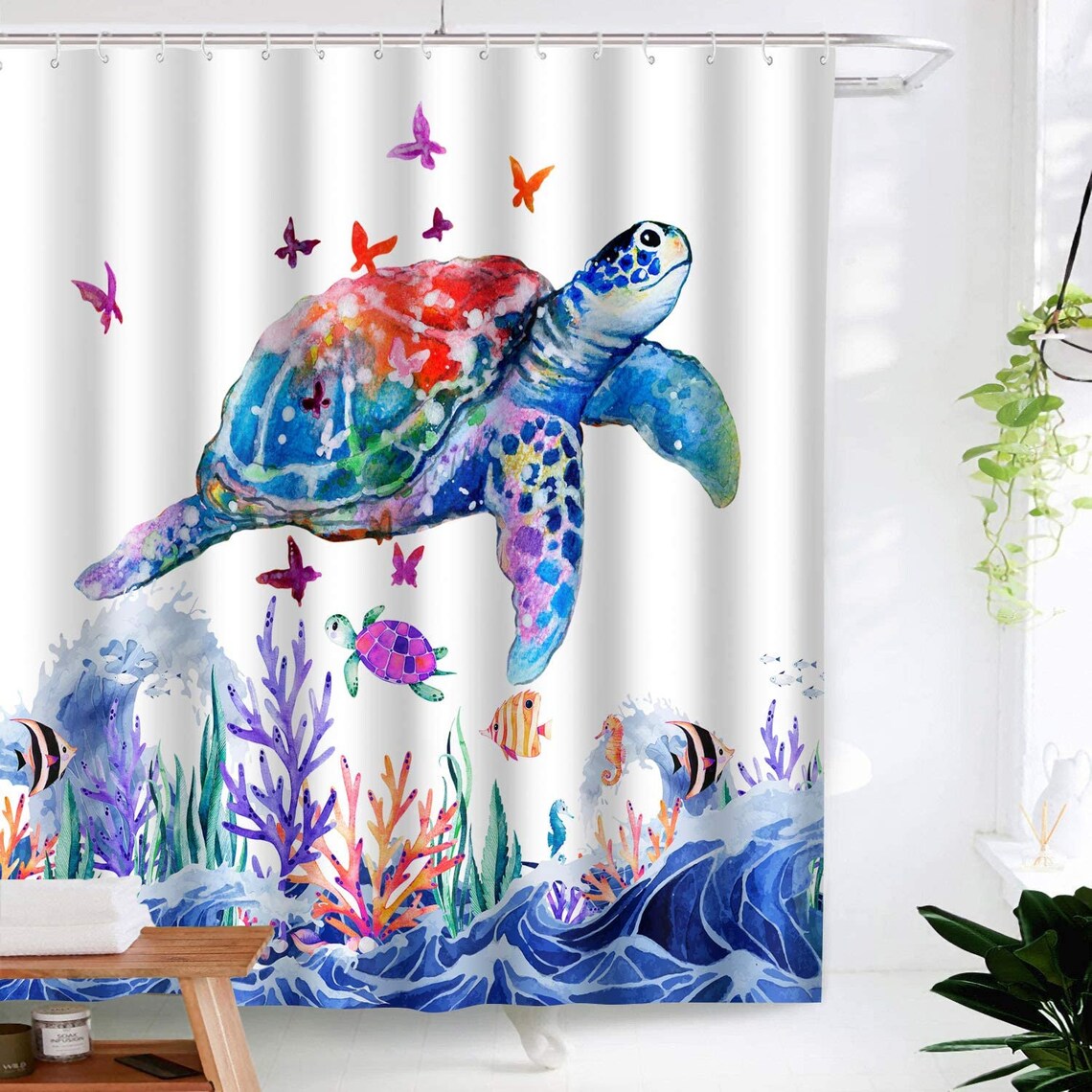Sea Turtle Shower Curtain Ocean Animal Marine Life Blue Wave Etsy