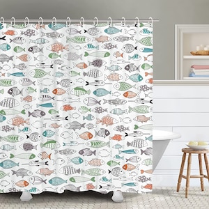 Cortina de ducha con dibujos de peces, cortina de ducha infantil con ganchos, cortina de ducha impermeable, cortinas de baño con dibujos de peces divertidos