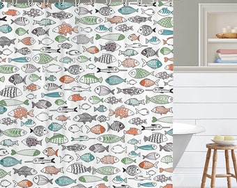 Cartoon Fishes Shower Curtain, Kids Shower Curtains with Hooks, Waterproof Shower Curtain, Cartoon Fun Fishes Bath Curtains