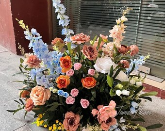 Blue Terracotta Silk Floor Flower Arrangement, Fall Rustic Wedding Aisle Floral Row