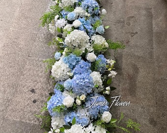 Blue White Hydrangea Flower Garland, Wedding Table Runner Floral Arrangement