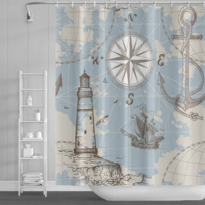 Nautical Shower Curtain Sailing Ship Map Anchor Sketch Pirate Ship Lighthouse Compass Boy Bathroom Decoration with Hook Fabric,Size W*H