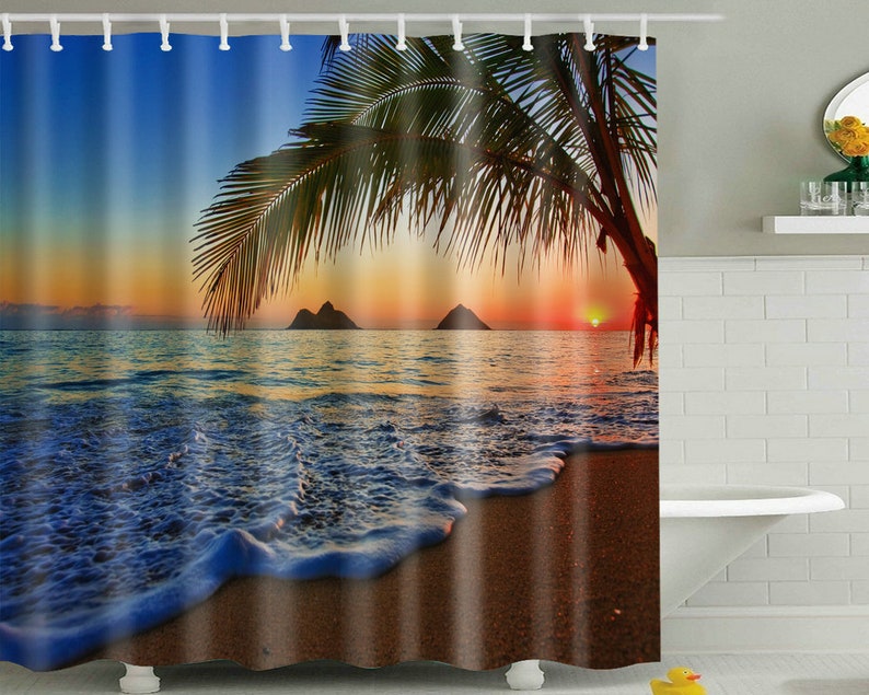 Sunset Hawaiian Shower Curtain Beach Tropical Palm Tree Ocean Etsy