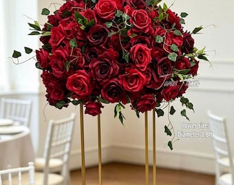 Red Burgundy Wedding Table Centerpiece, Artificial Rose Hydrangea Floral Arrangement