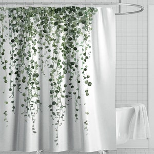Cortina de ducha con estampado de eucalipto, tela impermeable con diseño de ramas de plantas botánicas de primavera, decoración para bañera con ganchos