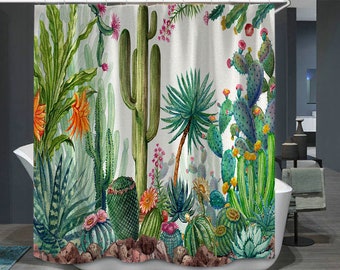 Floral Cactus Shower Curtain Succulent Plant Bathroom Shower Curtains with Hooks, Personalized custom shower curtain, Bathroom Decor