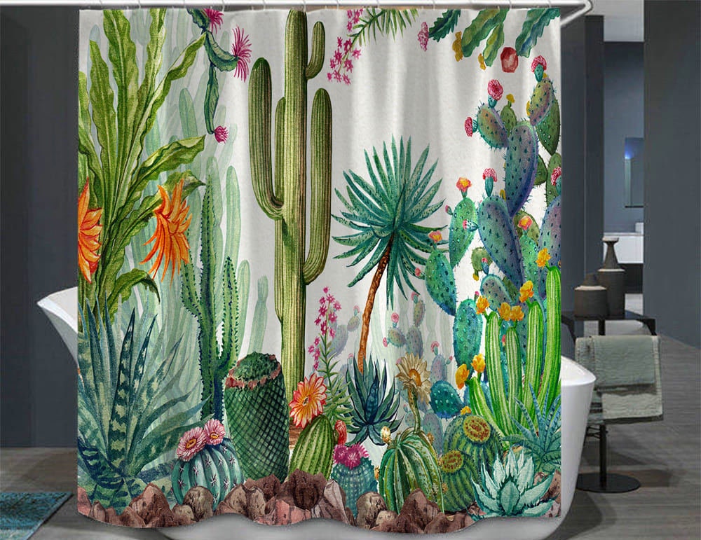 Home Plants Cactus Shower Curtain Set Bathroom Decor Accessories Curtains Fabric 
