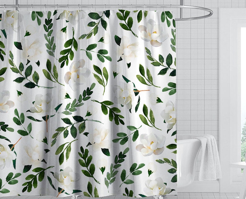 Green Leaves Shower Curtain Watercolor Spring Botanical Plant Etsy