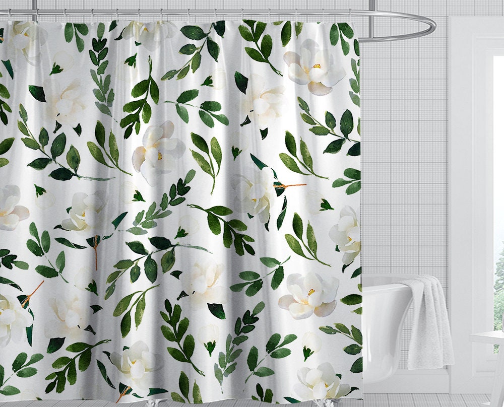 Spring Botanical Shower Curtain With Eucalyptus Leaves In Green And