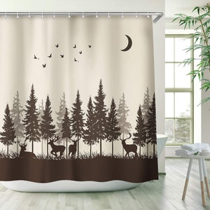 Rustic Shower Curtain,Animal Shower Curtain Wildlife Woodland Hunting Shower Curtain Forest Moose Pattern on Brown Shower Curtain with Hooks