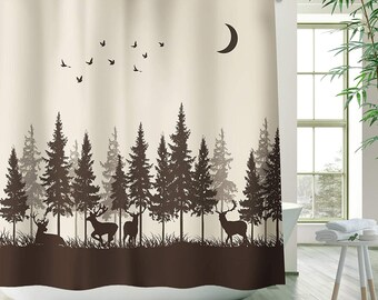 Rustic Shower Curtain,Animal Shower Curtain Wildlife Woodland Hunting Shower Curtain Forest Moose Pattern on Brown Shower Curtain with Hooks