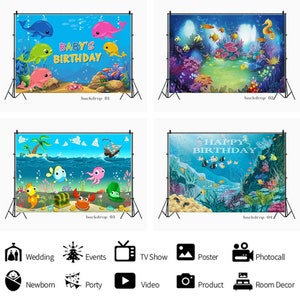 Sfondo del mondo sottomarino, sfondo della vita marina, sfondo del parco giochi per bambini, banner per photo booth, decorazione da tavolo per torte e feste
