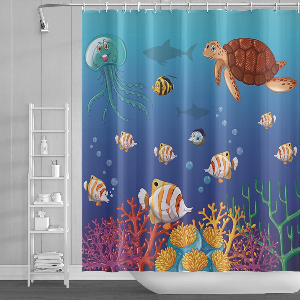 Turtle Swimming Underwater Wave Fabric SHOWER CURTAIN & Hooks Tropical Sea Palm 
