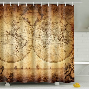 Vintage Brown World Map Shower Curtain, Old World Map Drawn in 1720s Nostalgic Style Art Historical Atlas,Bathroom Decor curtains with Hooks
