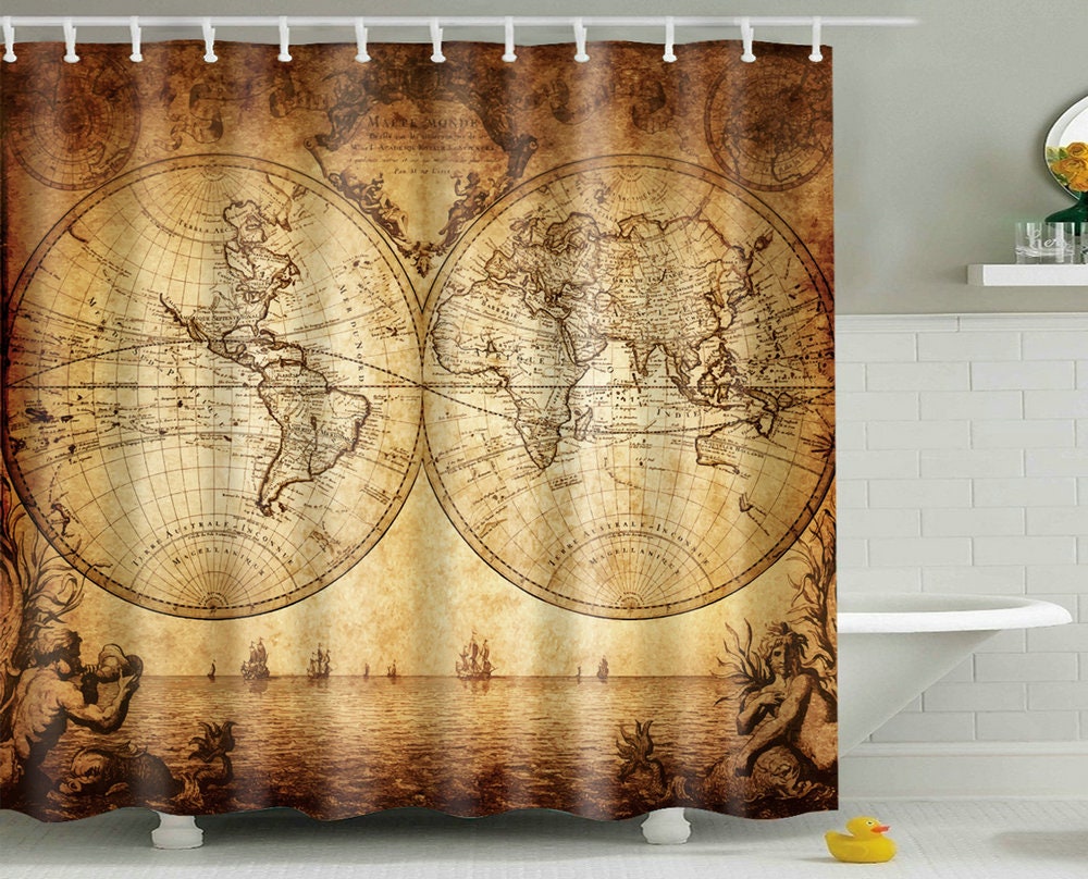 Vintage Brown World Map Shower Curtain Old Drawn In Vintage Brown World Map Shower Curtain, Old World Map Shower Curtain