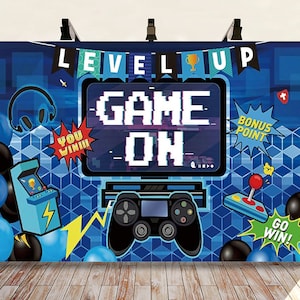 Video level-up game gelukkige verjaardag achtergrond, spel op achtergrond, gaming thema feest foto rekwisieten, jongens feestartikelen