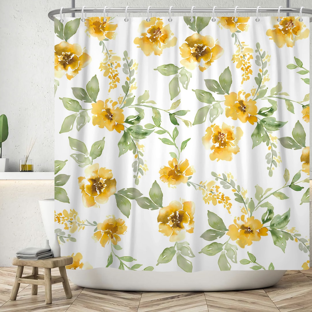 Flower Plant Shower Curtain Set With Hooks Polyester Fabric Floral ...