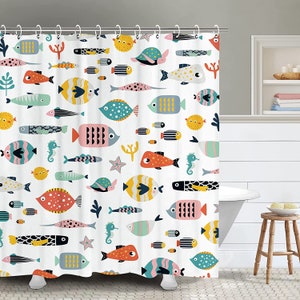 Cortina de ducha con dibujos de peces, cortina de ducha para baño infantil, cortina de ducha con dibujos de peces, juego de cortina de ducha náutica con ganchos, tamaño W*H