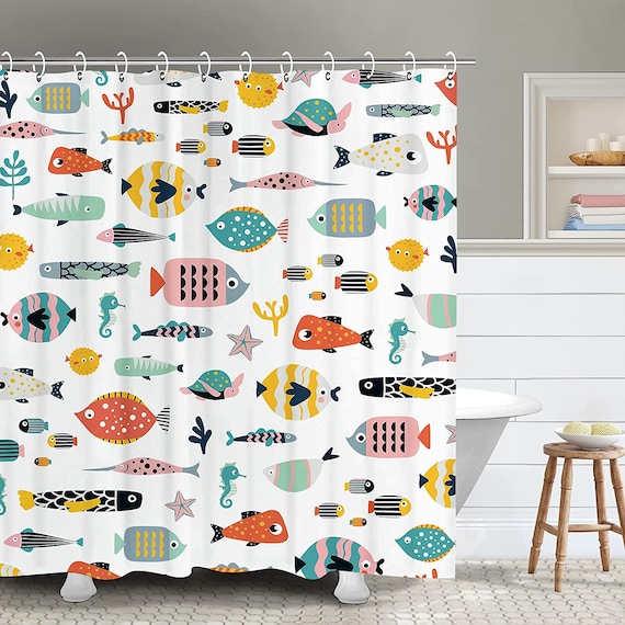 Cartoon Fish Shower Curtain Kids Bathroom Shower Curtain Cartoon Shower  Curtain Nautical Shower Curtain Set With Hooks,size WH 