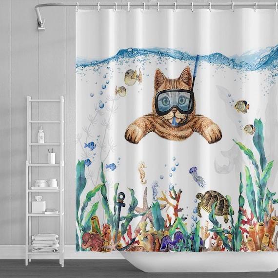 DYNH Duschvorhang Mit Meerestier-Motiv – Oktopus, Schildkröte, Fisch, Blaugrünes Ozean-Design, Wasserdicht, Mit 12 Haken