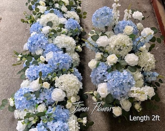 Blue & White Hydrangea Rose Flower Garland: Wedding Table Flower Runner