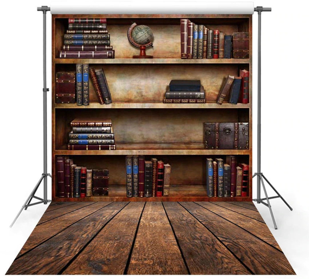 Study Room Backdrop, Bookcase Bookrack & Wooden Floor Vintage Library