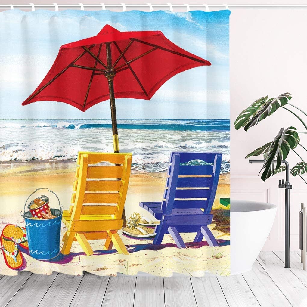 Summer Ocean Beach Holiday Polyester Fabric Shower Curtain Set Bathroom Hooks 
