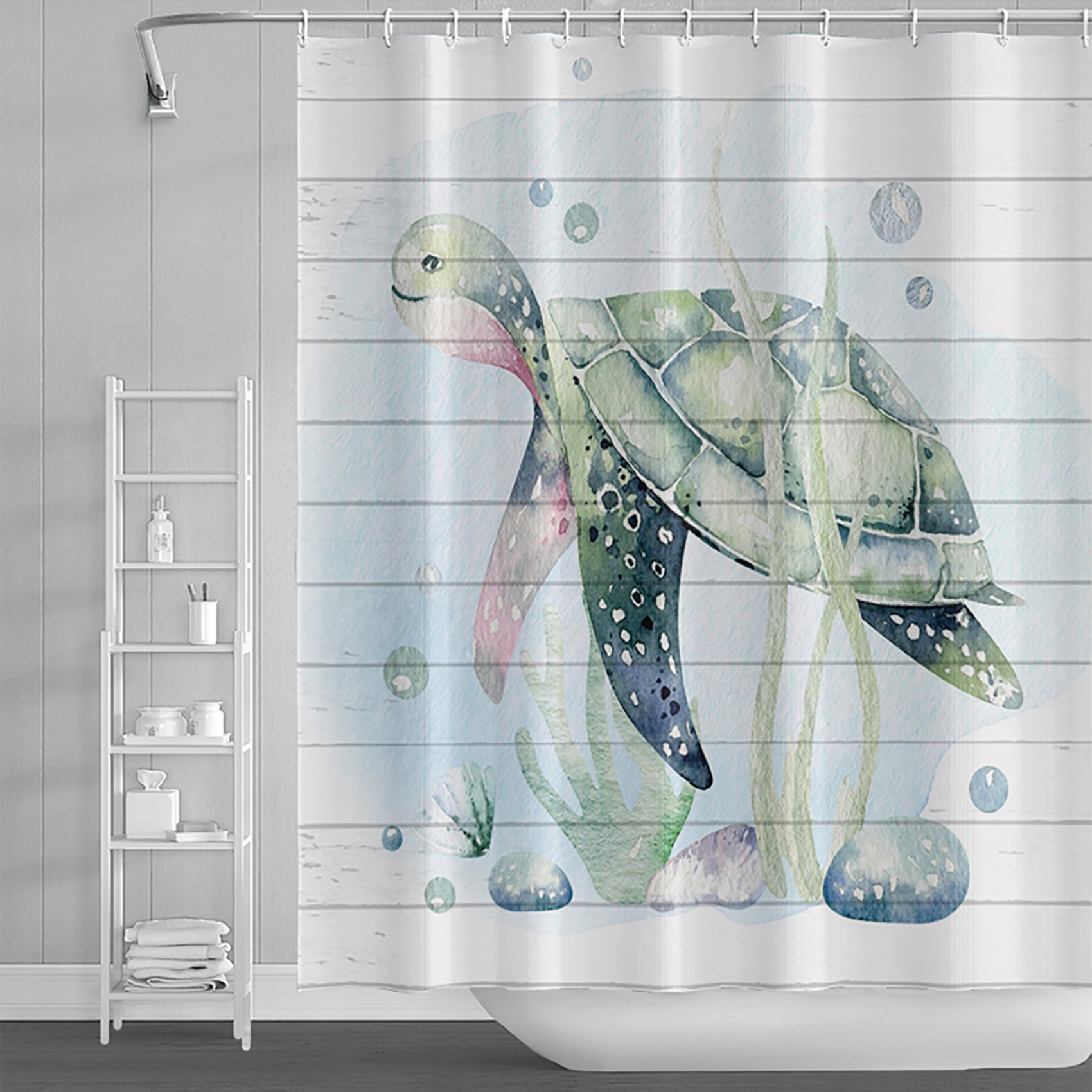 72 x 72 pulgadas, juego de cortinas de ducha de tela impermeable de mar  verde azulado con animal pulpo, estrella de mar, tortuga, ancla, pez