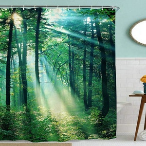 Forest Shower Curtain, Mystical Fantasy Woodland Fog Tall Trees Bushes Shower Curtain, Cloth Fabric Bathroom Decor with Hooks WH image 2