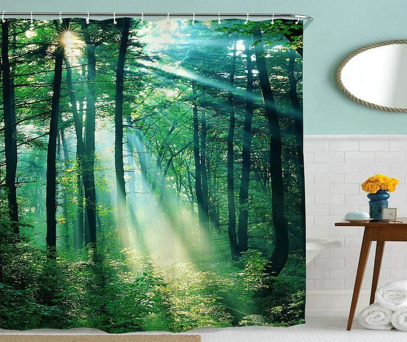 Forest Shower Curtain, Mystical Fantasy Woodland Fog Tall Trees Bushes Shower Curtain, Cloth Fabric Bathroom Decor with Hooks WH image 2