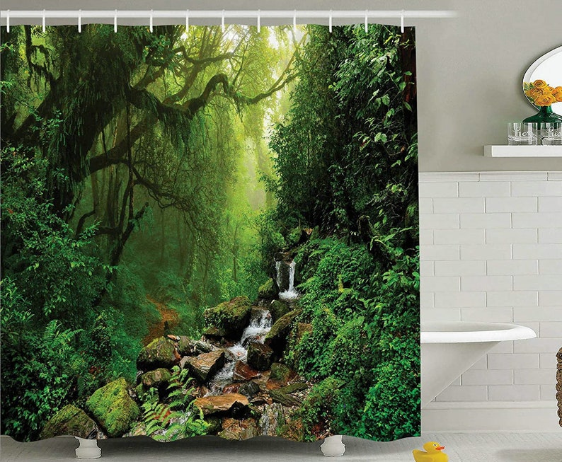 Forest Shower Curtain, Mystical Fantasy Woodland Fog Tall Trees Bushes Shower Curtain, Cloth Fabric Bathroom Decor with Hooks WH image 3